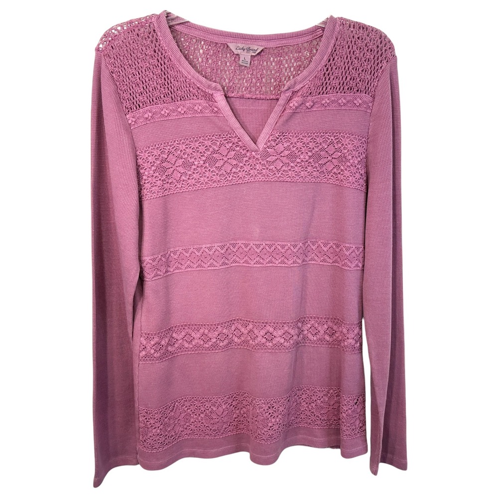 Lucky Brand Large‎ Top Pink Waffle Knit Thermal Crochet Lace Long Sleeve 1085